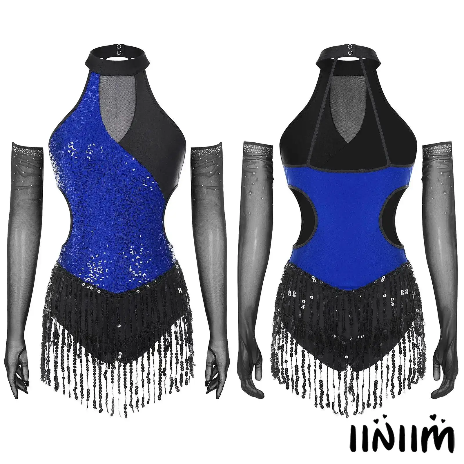 

Womens Latin Figure Skating Leotard Set Backless Sequined Tassel Bodysuit With Mesh Gloves Dancing Stage Performance Costume