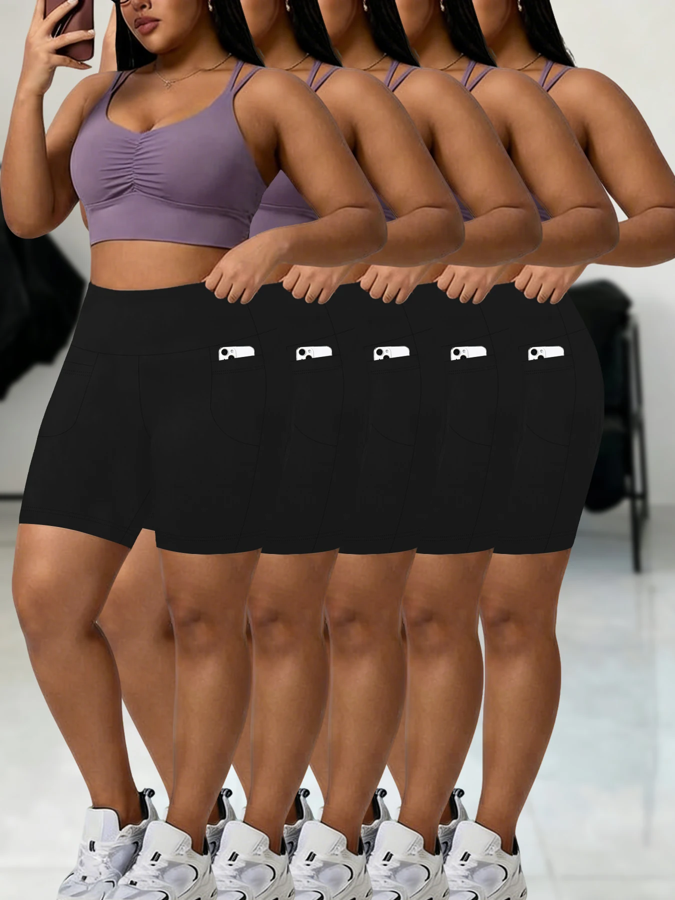 

5 pack Plus Size High Waisted Biker Shorts For Women With Pockets Super Soft Tummy Control Workout Running Yoga