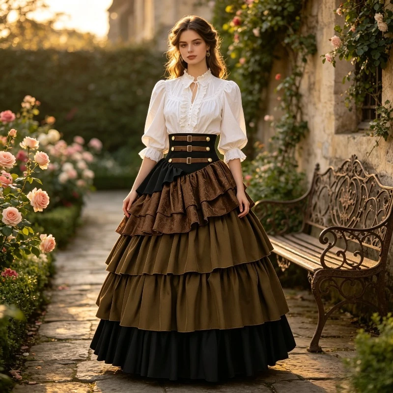 Victoria Retro Strap High Waist Dress Irregular Folded Half Body Long Dress Female Dark Gothic Role Playing Performance Dress