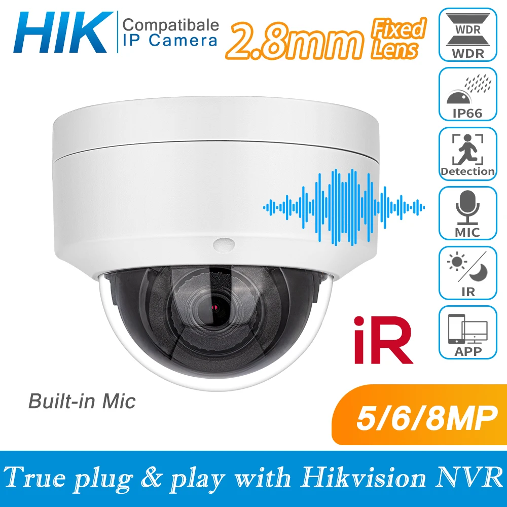 Hikvision Compatible 4K POE IP Camera Indoor 6MP IR Night Vision Mini Dome Surveillance Cameras H.265 CCTV Camera Built-in Mic