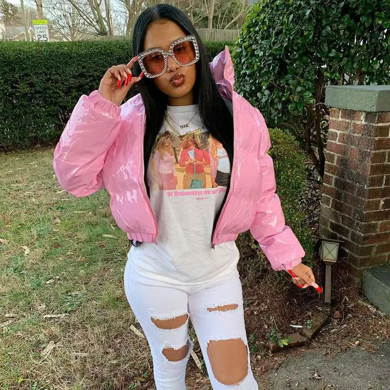 European and American Street Style Short Cotton Jacket Warm Jacket Jacket Bright Mirror Versatile Standing Neck Cardigan Women's