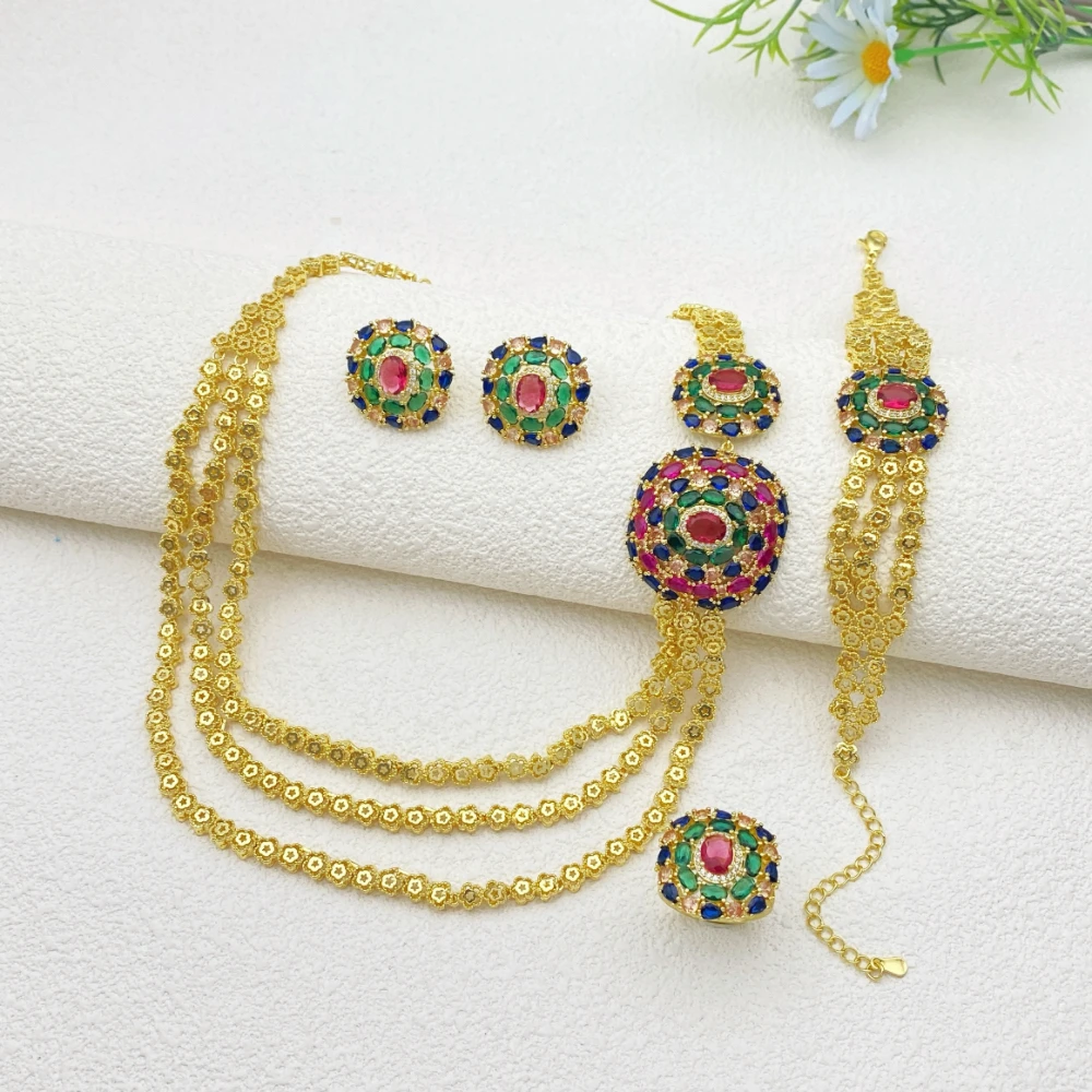 Flora Elegant Banquet Zircon Set for Women Copper Gold Plated Multi Layer Necklace Earrings Ring Bracelet 4PCS Jewelry Combo