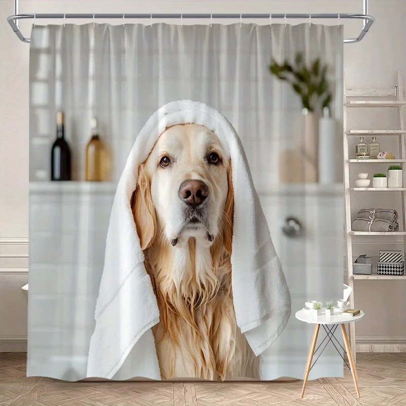 Golden Retriever Shower Curtain – Towel-Wrapped Dog, Gift for Dog Lovers,  Hooks Bath decorative shower curtain Multiple sizes