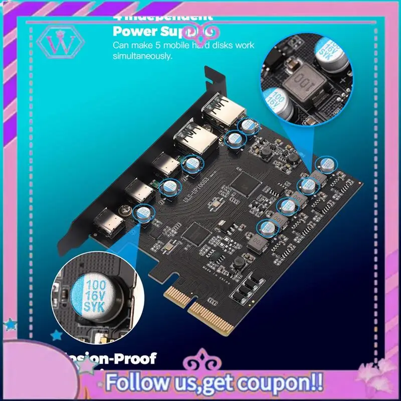 

Expansion Card PCIE X4 To USB 3.2 Gen2 3 Port Type C Dual USB A + Three Type C Adapter Converter Chip ASM3142