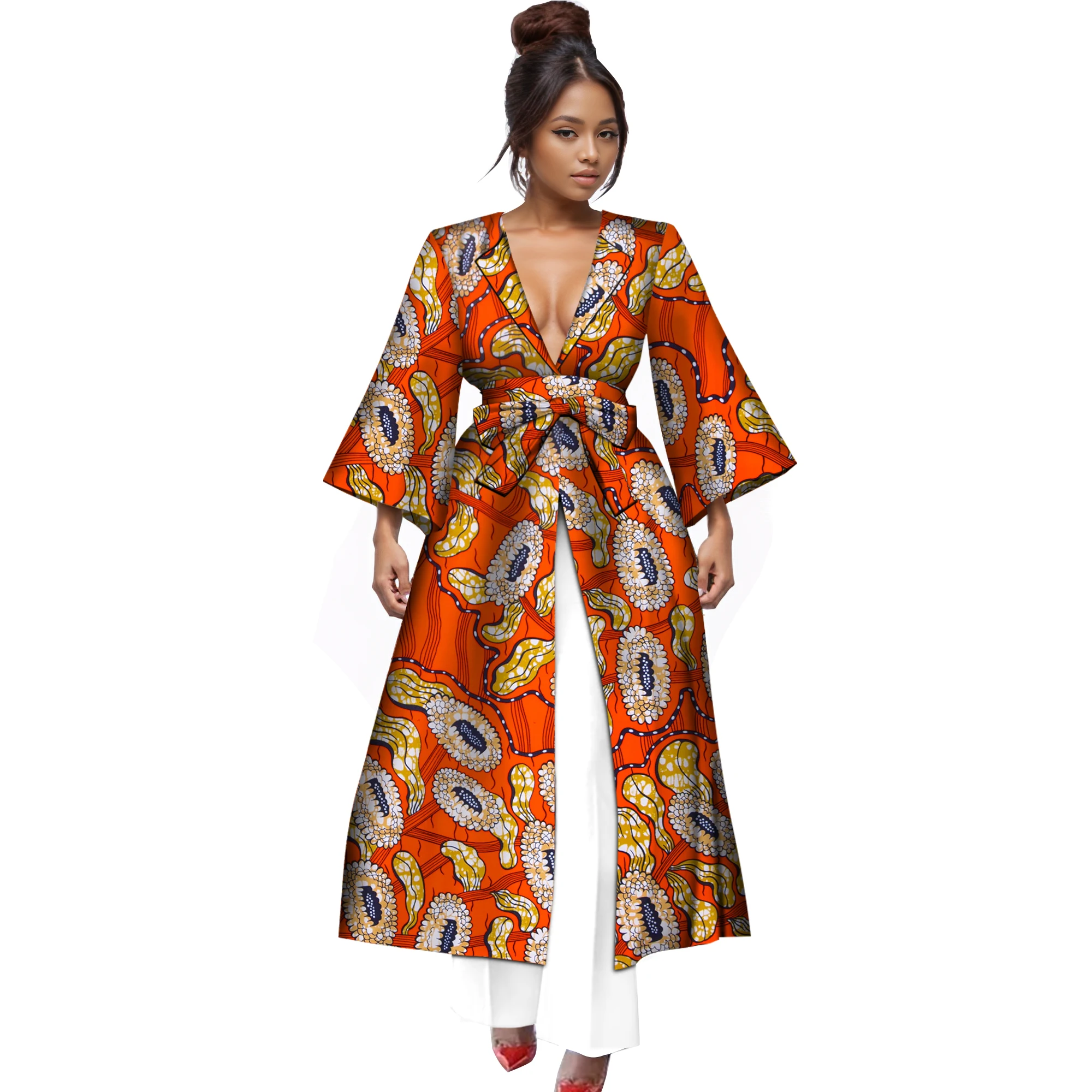 

ORIENTAR African Clothes for Women Floral Print Long Jacket Coat Elegant V-Neck Trench Dashiki Women Outfit Plus Size WY1130