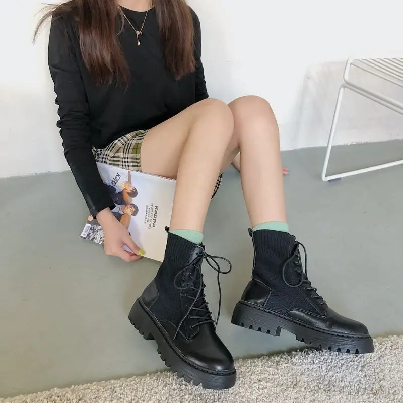 Sock Boots Lace-up Black Female Ankle Boots Punk Style Footwear with Laces Short Shoes for Women Fashion 2024 New Botines Mujer