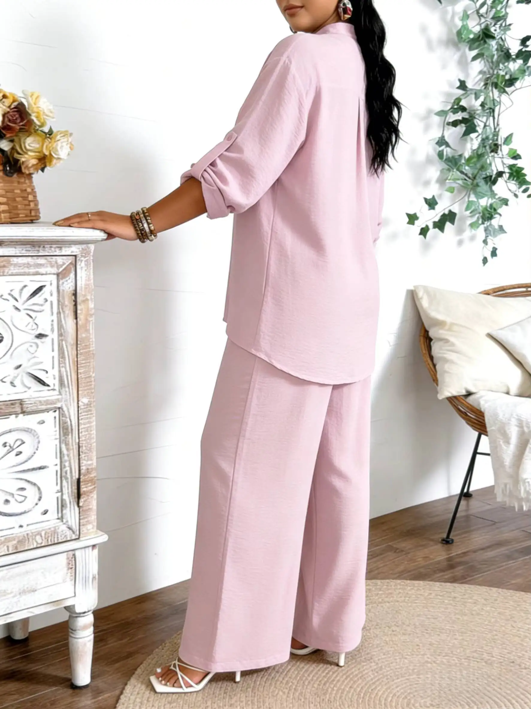 Women's Pink Two Piece Set Roll Up Sleeve Button Down Shirt Wide Leg Pants Loose Fit Spring Summer Daily Casual Vacation Outfit