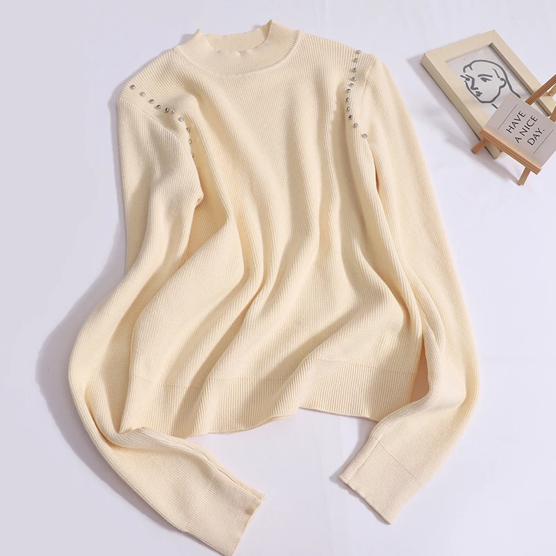 Spring Autumn Half High Collar Knitted Sweater 2024 New Rivet Loose Slimming Pullover Temperament Versatile Short Tops