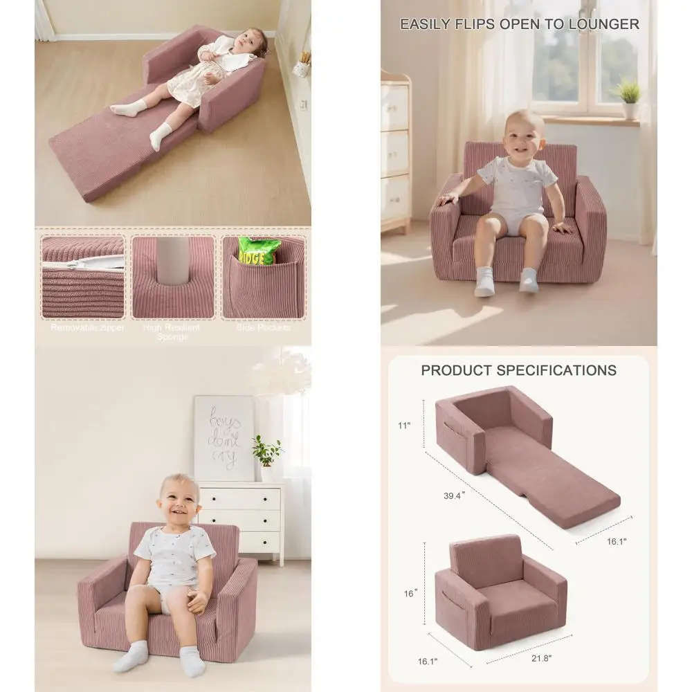 

Convertible Toddler Couch for 1-3 Years, Pink, Comfortable and Versatile Lounge Chair
