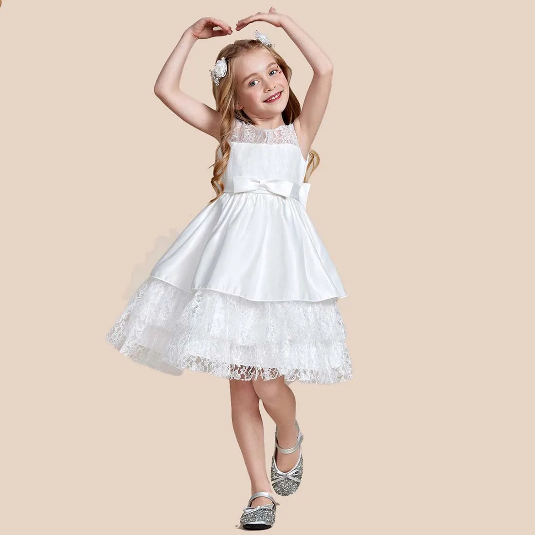 YZYManual-vestido de flor para meninas, renda e bowknot, elegante, 2-15T