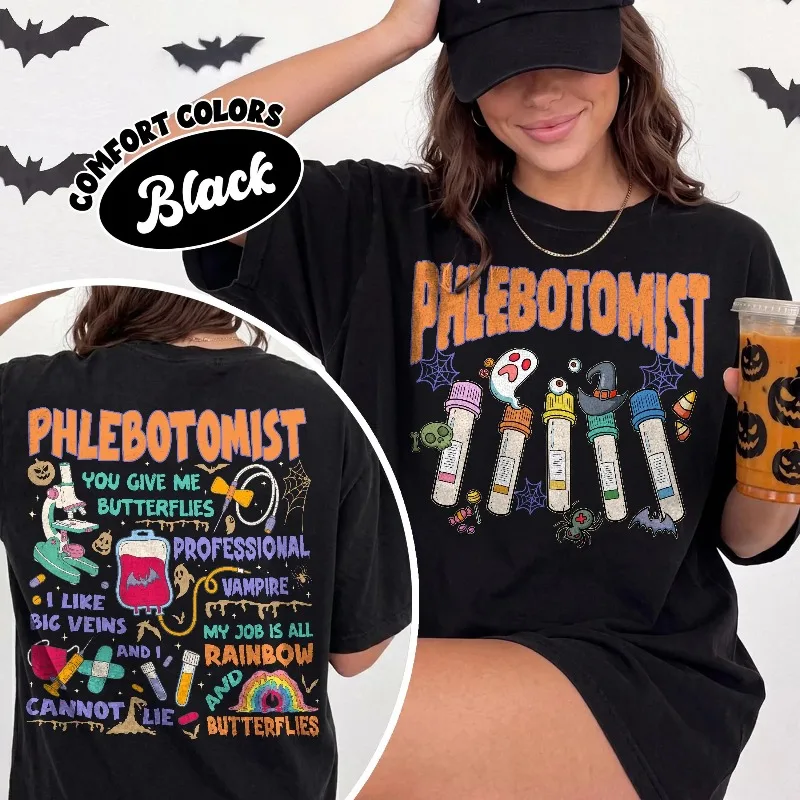 Autumn New Base Shirt Unisex T-shirt Phlebotomist Halloween Shirt, Funny Blood Draw Tee, Spooky Phlebotomy Graphic Tshirt