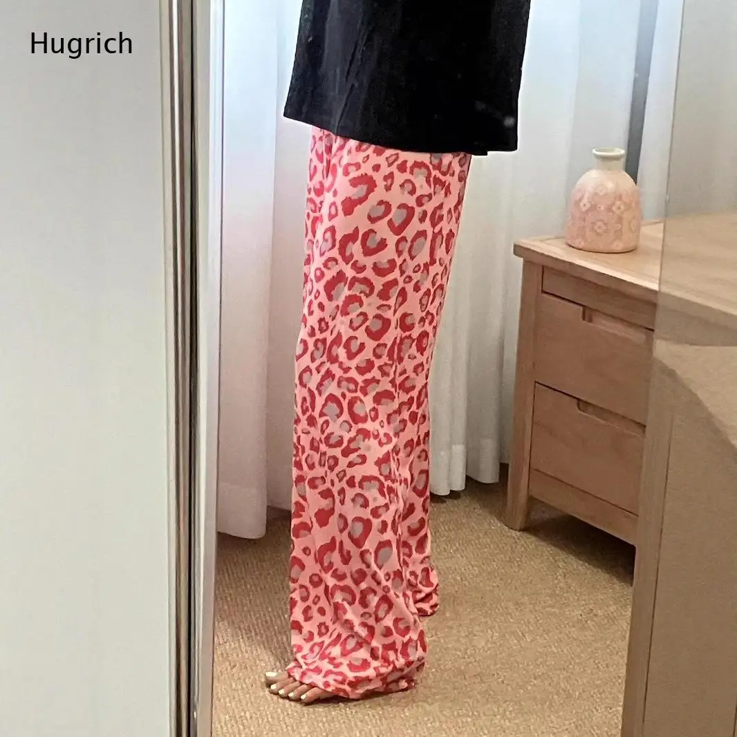 Vintage Leopard Print Wide Leg Casual Pants Elastic Waist Drawstring Trousers for Streetwear and Daily Outfits