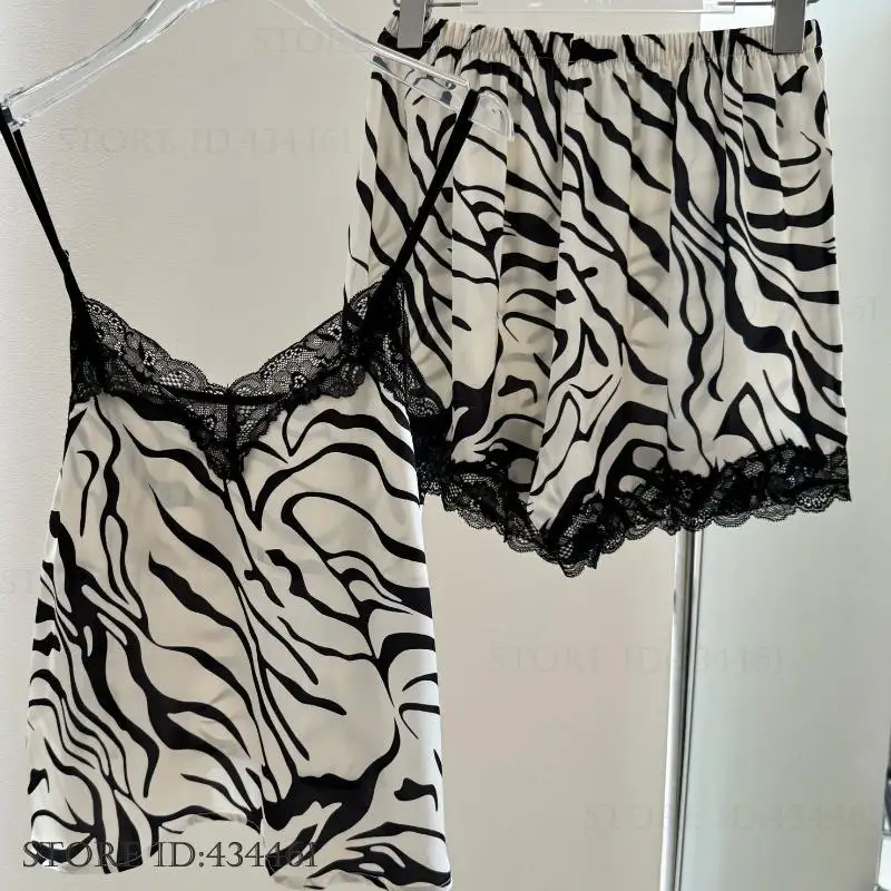 

Модный пижамный комплект с подтяжками в полоску зебры, сексуальный топ и шорты с кружевными ремешками, интимное белье, летняя атласная женская одежда для сна, домашняя одежда