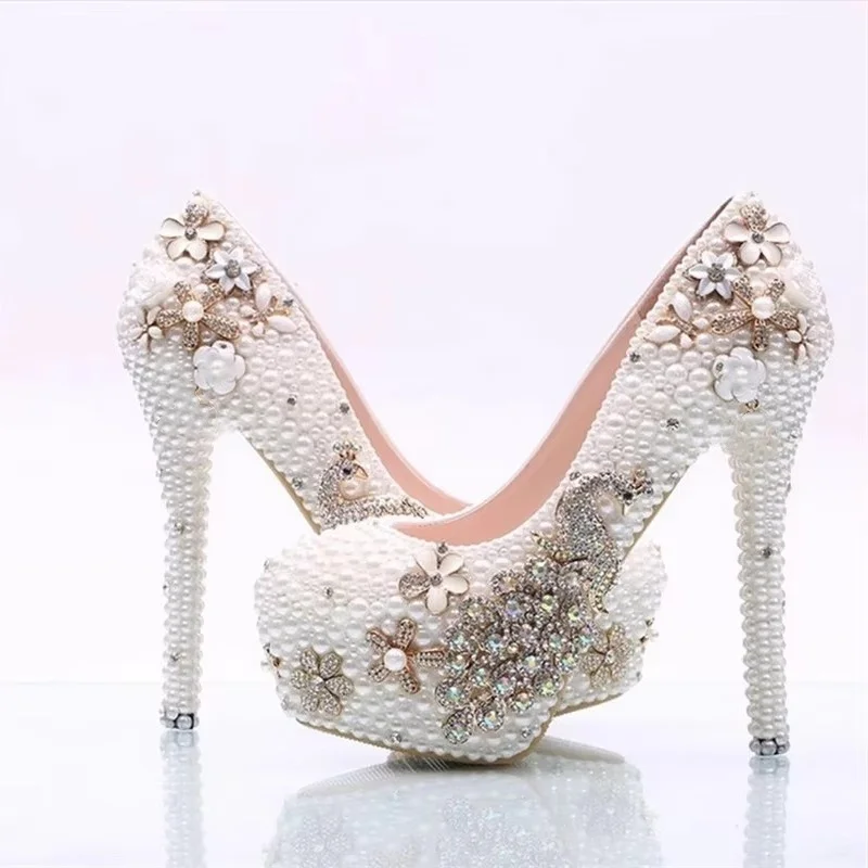 

Spring round toe shallow mouth pearl crystal waterproof platform wedding shoes stiletto high heel banquet large size women shoes