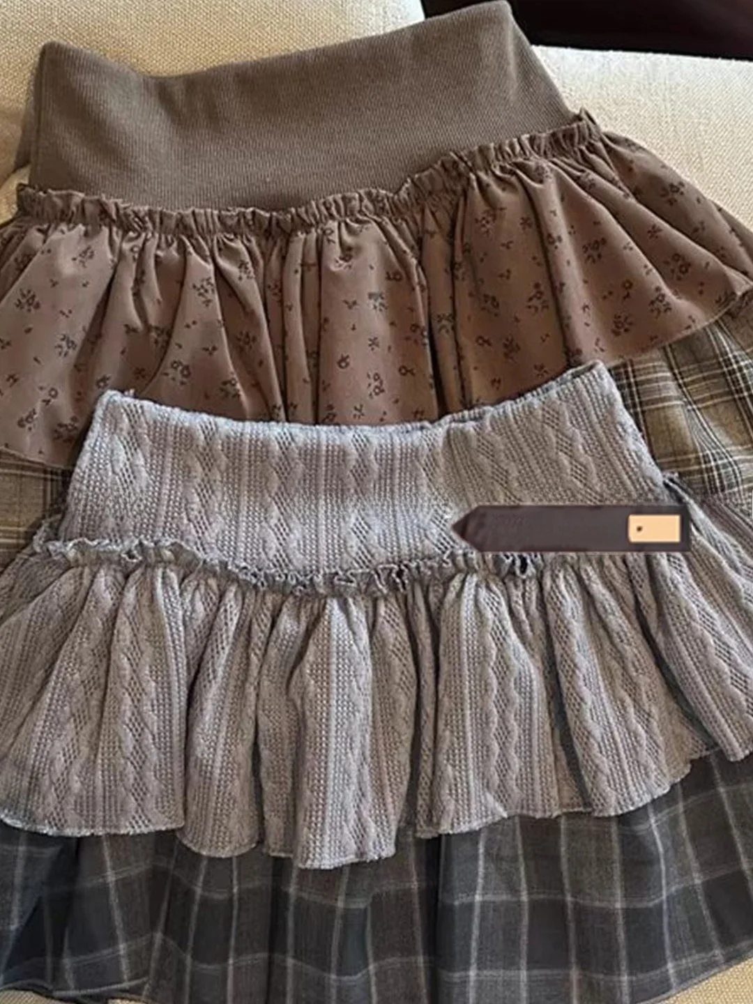 American Style Spliced Floral Plaid Cake Short Skirt Women's Spring Autumn High Waist A-Line Double Layer Fluffy Half Skirt