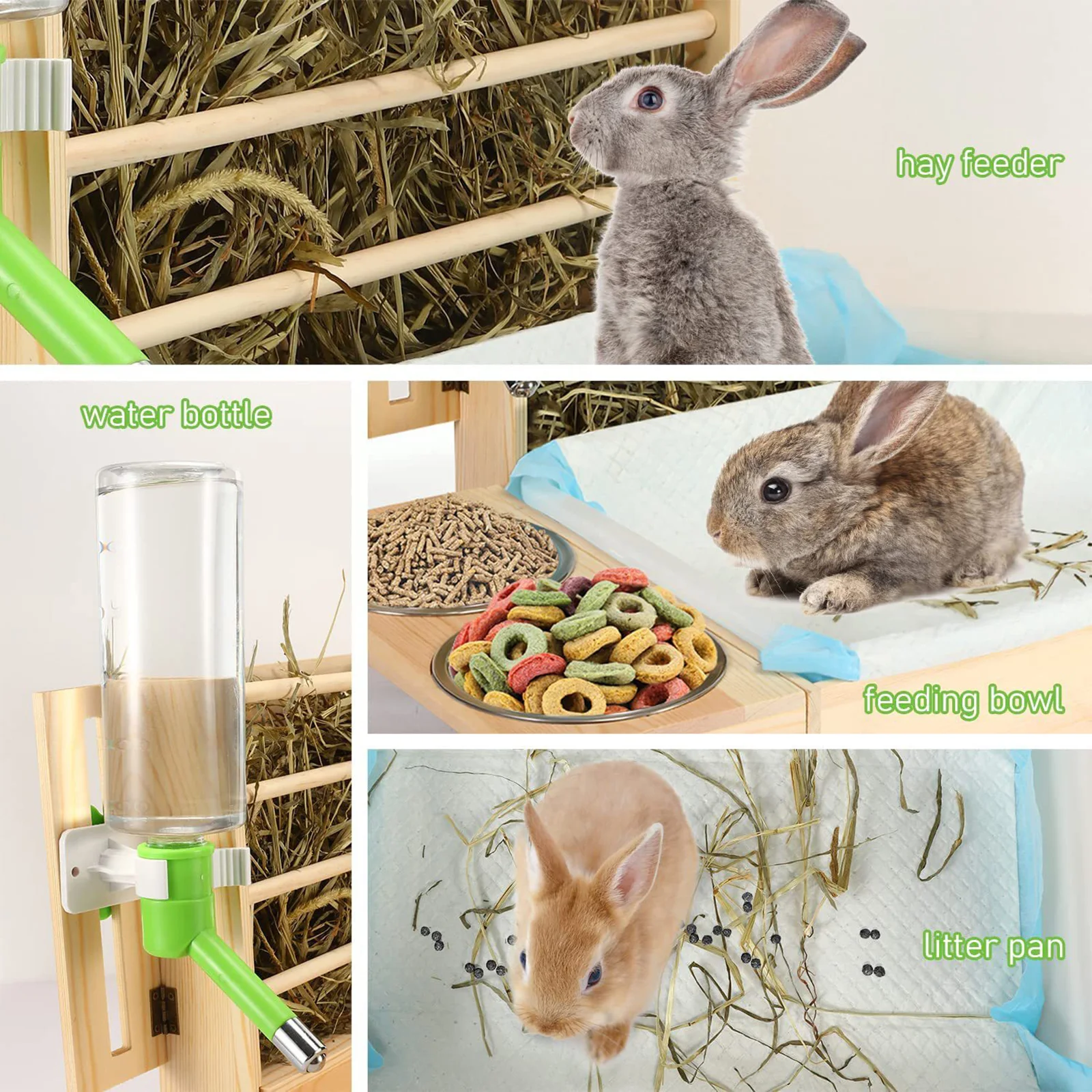 Rabbit Dried Grass Feeder With Litter Box 4 In 1 Wooden Bowl And Water Bottle Rack Rabbit Dry Grass Frame Feed For Animals