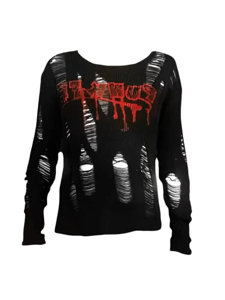 

Women Hole Hollow Out Y2K T-shirts Batwing Sleeve Knitted Shirt For Women Loose Streetwear Long Sleeves Tops Spring Autumn 2025