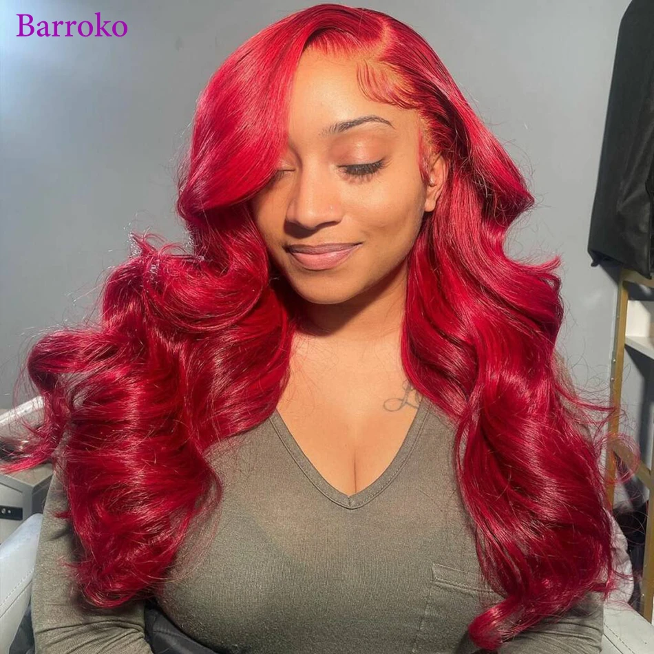 Barroko Red Lace Front Wig Body Wave 34 Inch Colored Human Hair Wigs 99J Burgundy Pre Plucked Brazilian 13x6x1 Lace Remy Hair