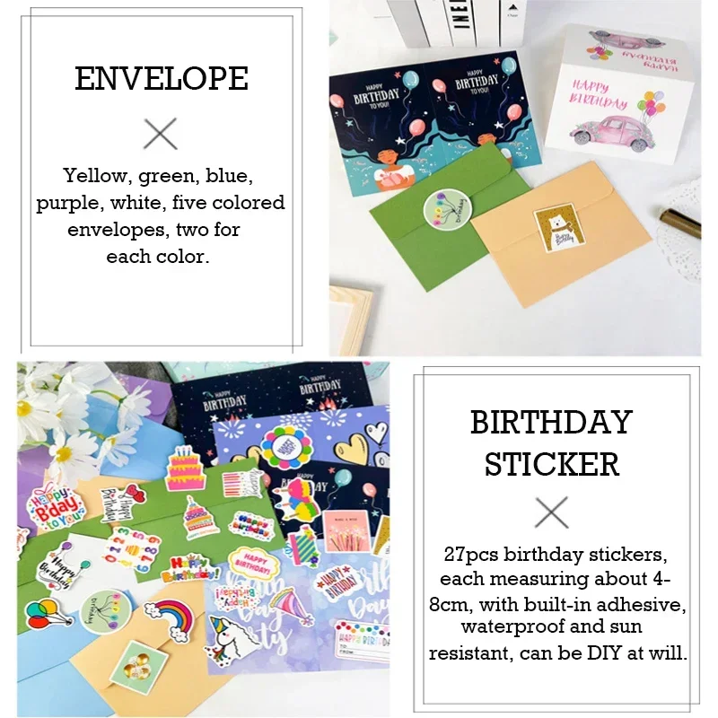 50pcs/set Happy Birthday Card Assorted Greeting Card With Envelopes And Stickers Folded Gift Card For Kids Adults Party Supplies