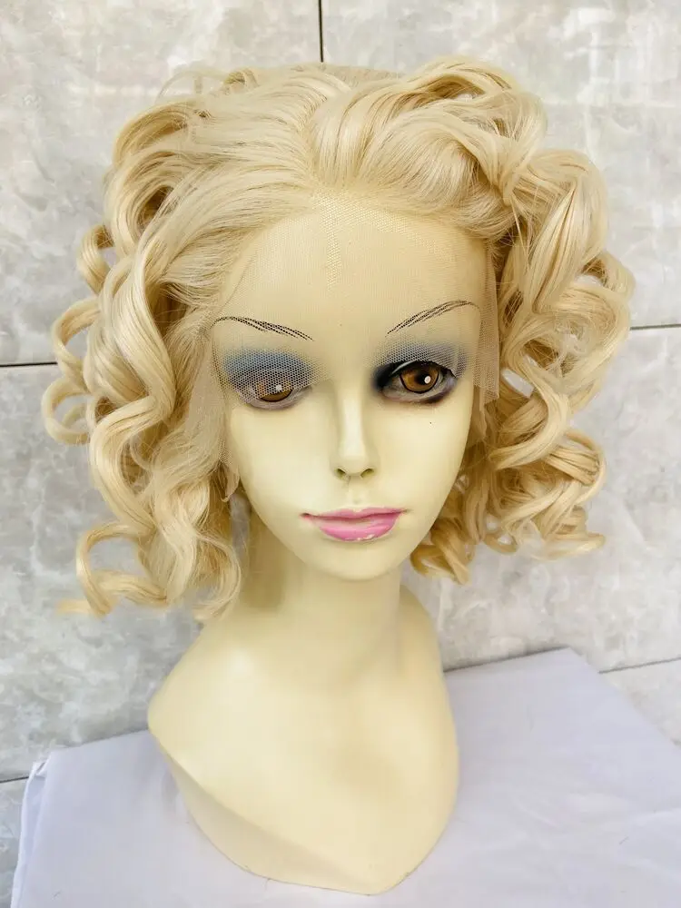 

Medium Curly Human Hair Blend Heat Ok Lace Front Wig Blonde Synthetic Natural Wigs