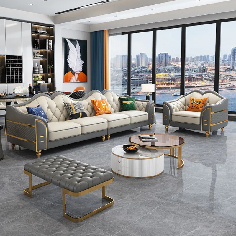 Light luxury leather sofa first layer cowhide size apartment four straight row living room combination American buckle leather s