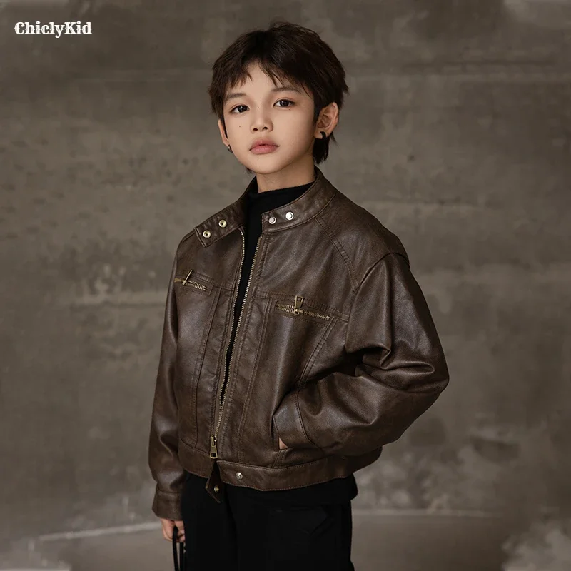 Boys Autumn Winter Retro Leather Motorcycle Jacket Girls Thicken Fleece PU Warm Coat Children Outerwear Toddler Kids Clothes