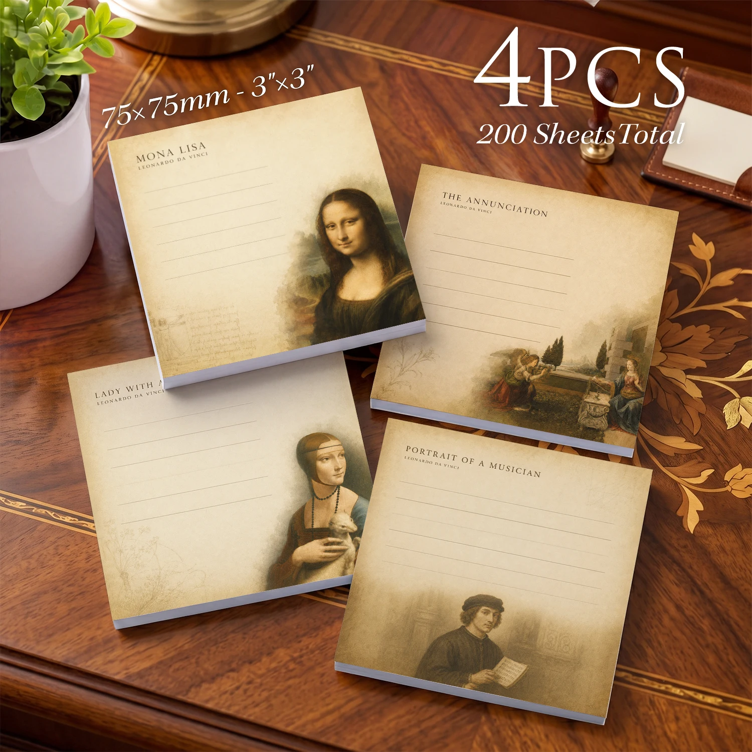 4PCS Classical Art Self Adhesive Sticky Notes 200 Sheets Famous Painting Lined Memo Pads Museum Art Theme Reminder Office Statio