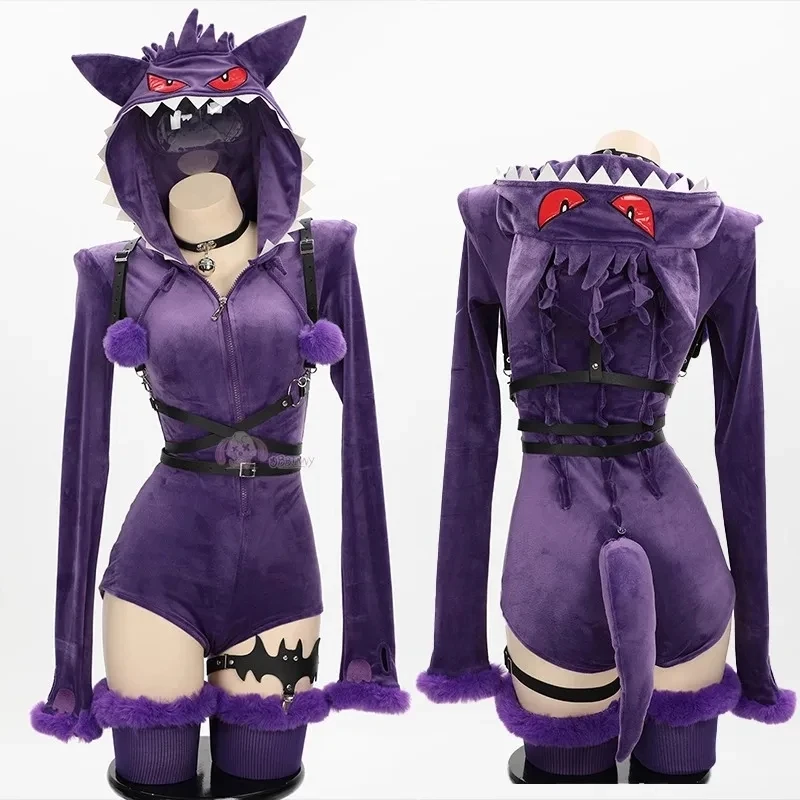 Costume Cosplay fantasma viola donne Sexy Halloween viola Sexy pagliaccetto tuta peluche con cappuccio e calzini con cintura e coda