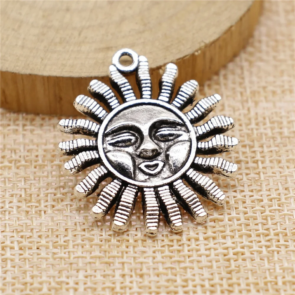 WYSIWYG 4pcs 34x29mm Sun Face Charm Pendants For Jewelry Making Antique Silver Color Sun Pendants