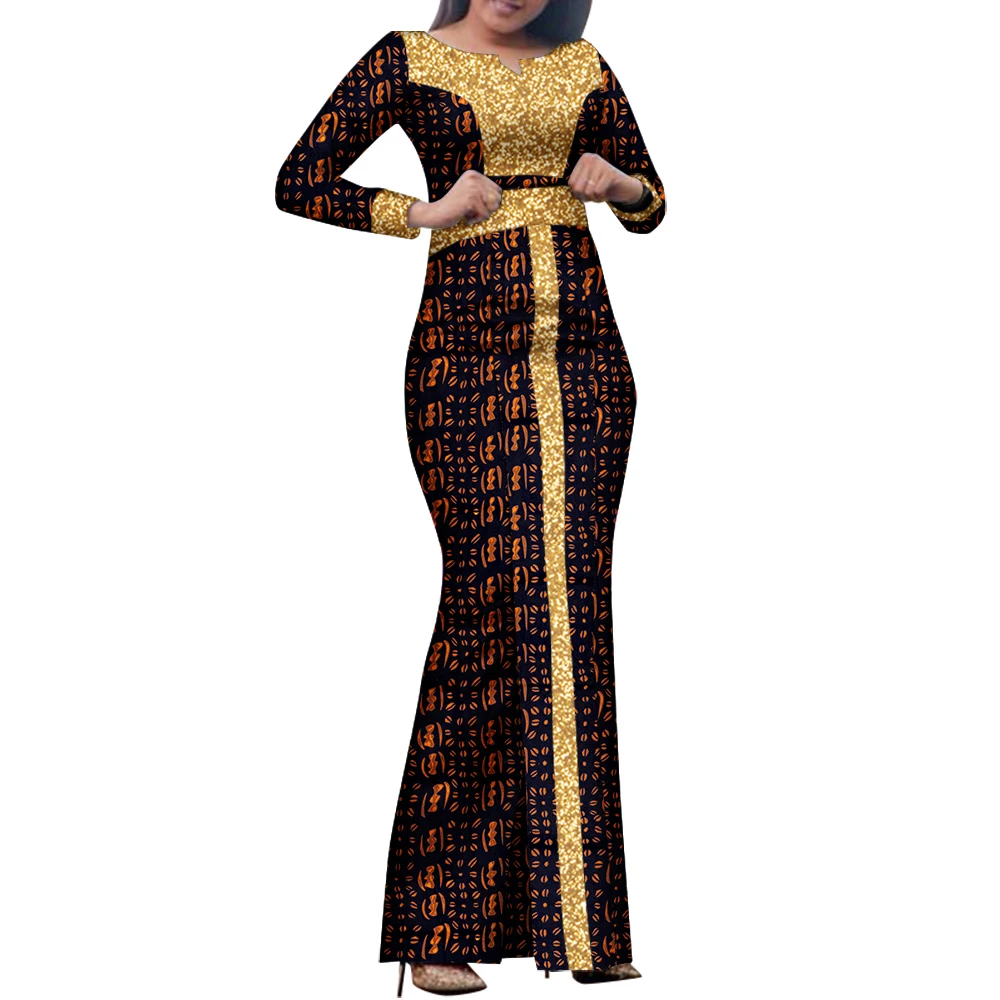 Bintarealwax African Maxi Dress Bazin Riche Sequined Print Wax Long Dresses Long Sleeve Plus Size S-7XL Africa Clothing WY8458