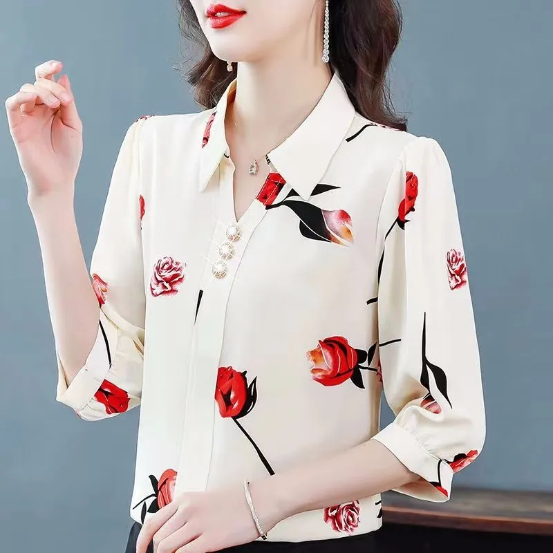 New Female Clothing Summer  3/4 Sleeve Loose Turn-down Collar Tee Shirt Casual Blouse Button Floral Fashion Women Crop Tops