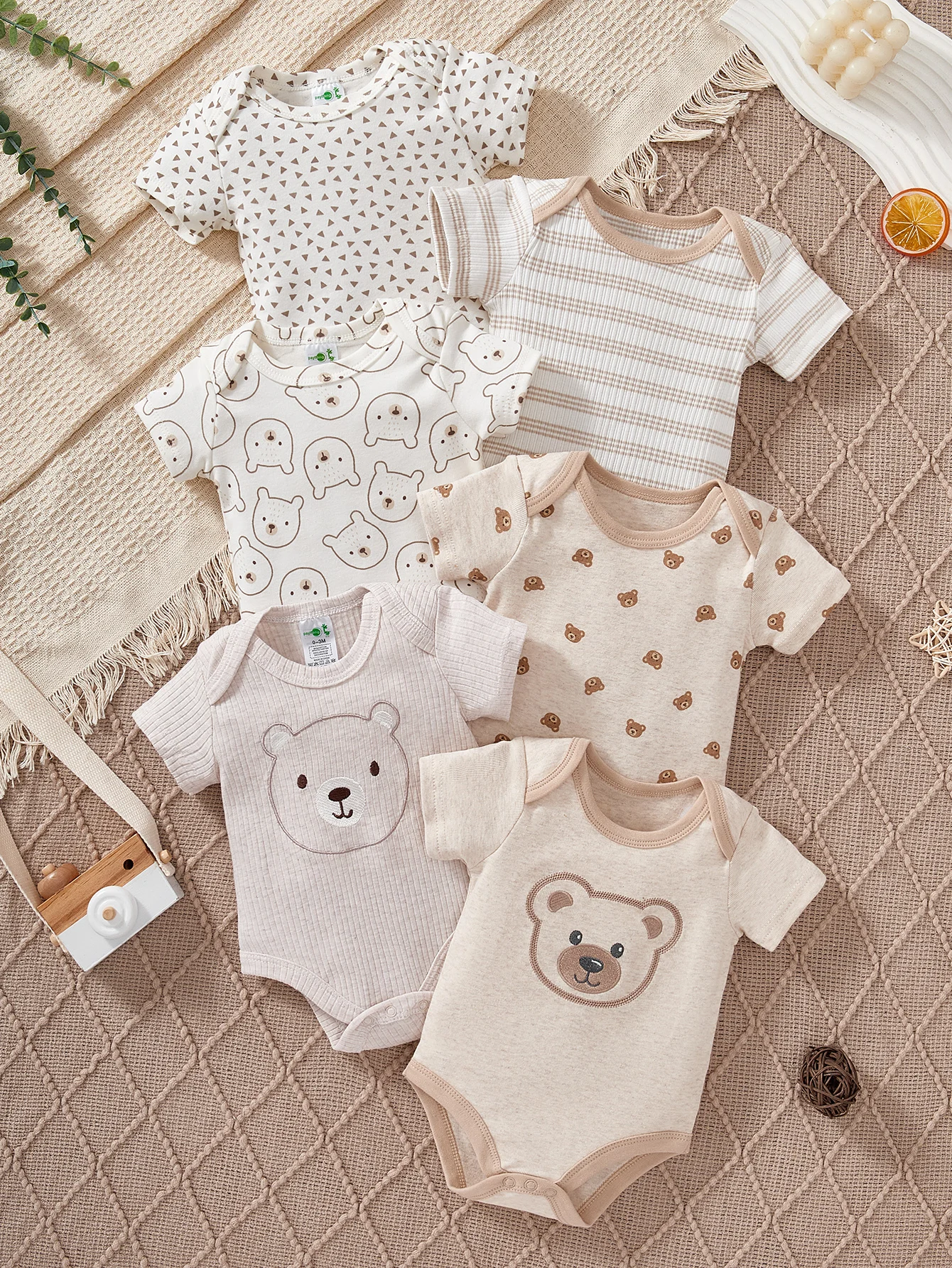 6-Piece Baby Triangle Bag Set Short-Sleeved Hoodie Summer Newborn Thin Jumpsuit Crawling Suit for Infant Boys Girls