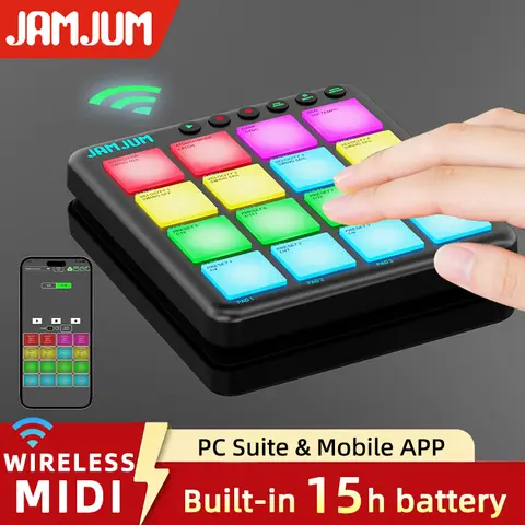 JAMJUM POCKET Beats Wireless MIDI Pad Controller - 16 RGB Pads, Bluetooth, Portable Battery-Powered for Music Production