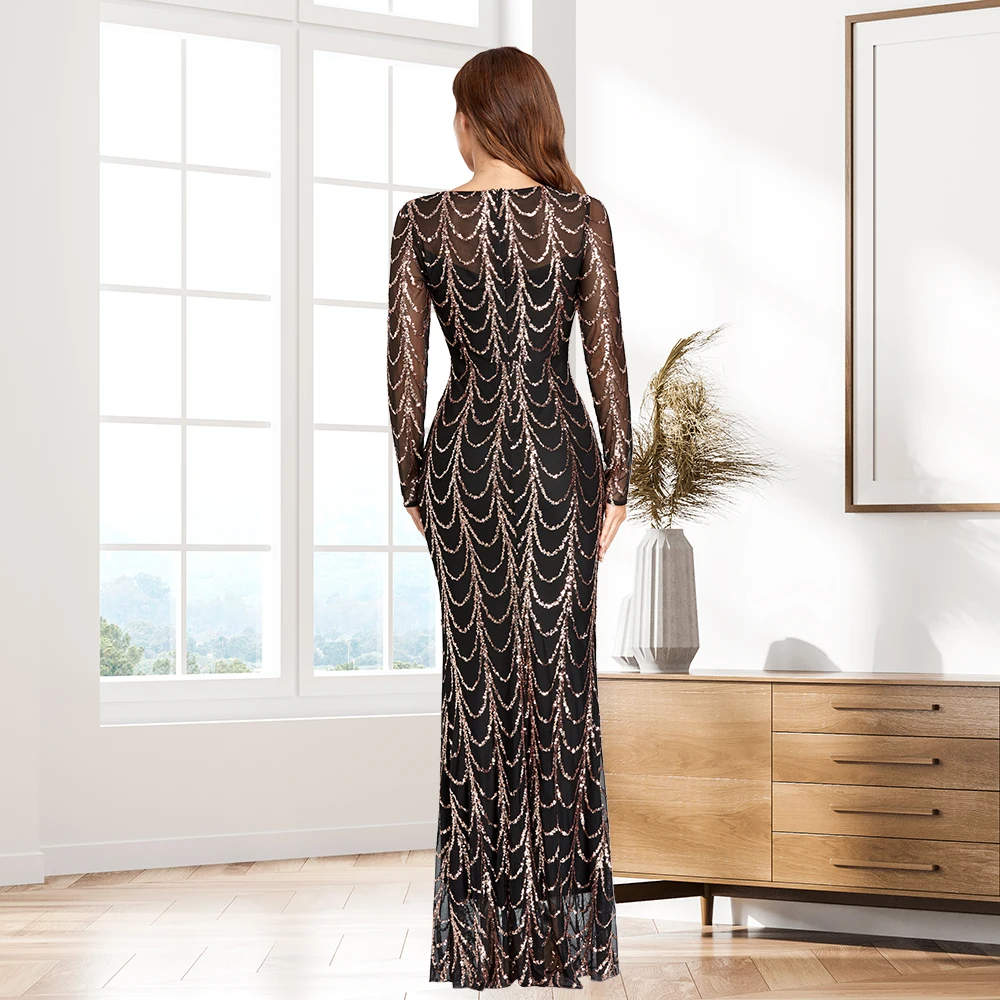 2023 New JINZUO Plus Size  O-Neck Wave Sequins See Though Women Maxi Dresses Elegant Long Sleeve Female Party