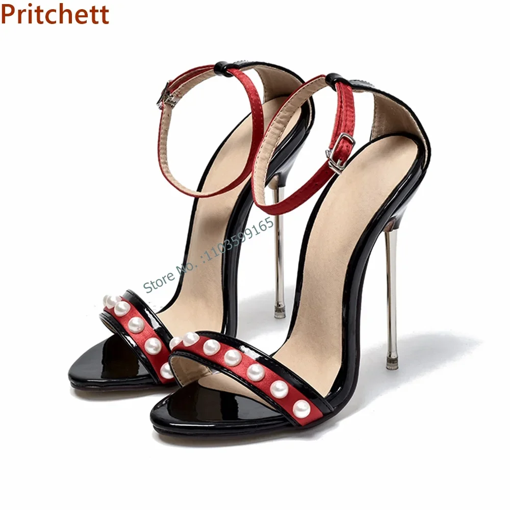 

Patchwork Pearl High Heels Sandals Black Red 13 Cm Metal High Heels Ankle Band Shoes Summer Sexy Straight Strap Stiletto Shoes