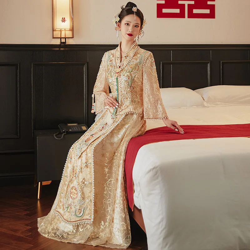 Yourqipao Champagne Gold Xiuhe Clothing 2023 Bride Chinese Wedding Dress Traditional Ancient Custumes Princess Bridal Gowns Robe