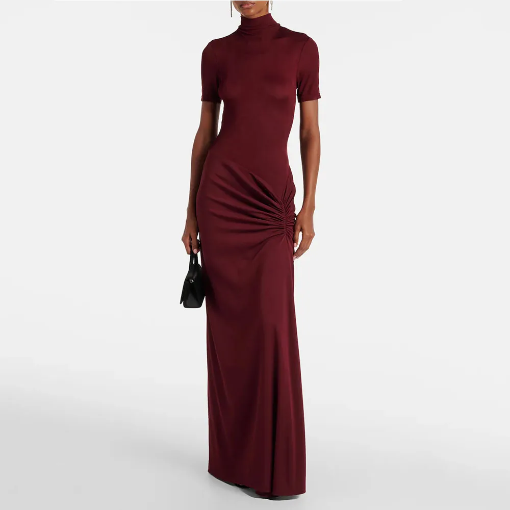 

Modern Burgundy Women's Evening Gown Short Sleeves Pleat Saudi Dress Mermaid Prom Dress O Neck Formal Party Gown
