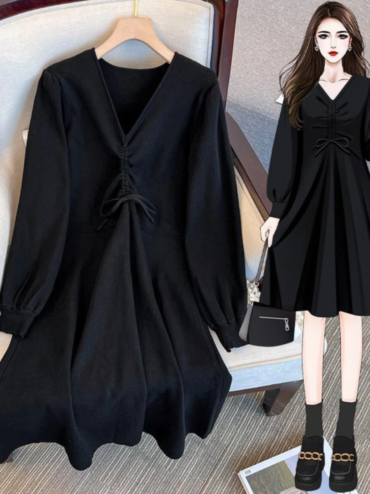 

plus Size V-Neck Knitted Dress Women's Loose Fit Inner Wear Autumn Winter Thickening Warm Casual Style Fashion Korean Dress