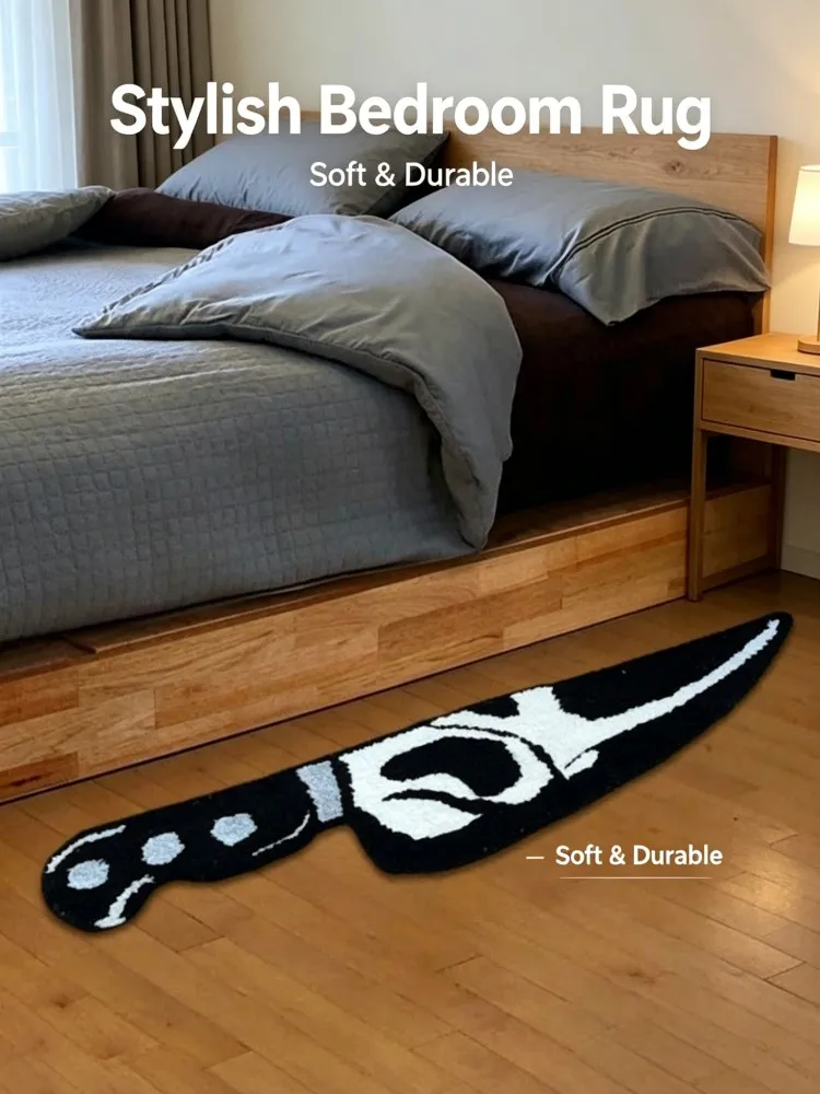 Ghostface Knife Shaped Fluffy Bedside Rug, Horror Movie Scream Mask Irregular Tufted Floor Mat Non Slip Soft Carpet for Teen Bed