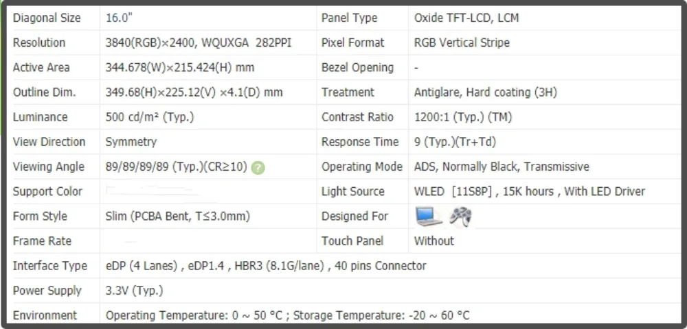 16 inch NE160QAM-NZ1 NE160QAM NZ1 LCD Display IPS Screen Panel UHD 3840x2400 Without-touch