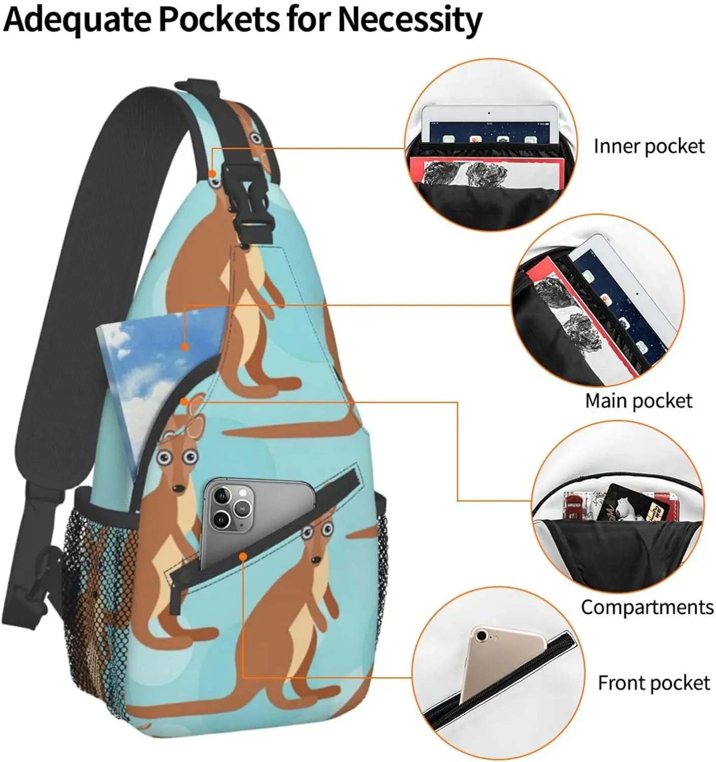 Pacote de peito oblíquo elegante para zoológico canguru, mochila de lazer, bolsa pequena para viagem, trabalho, viagem diária, engraçado