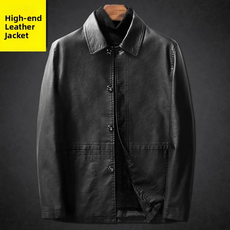 Leather Jacket Men's Casual Thin Flip Collar PU Leather Coat Spring Autumn Dad Style Button Business Casual Long Sleeve Coat