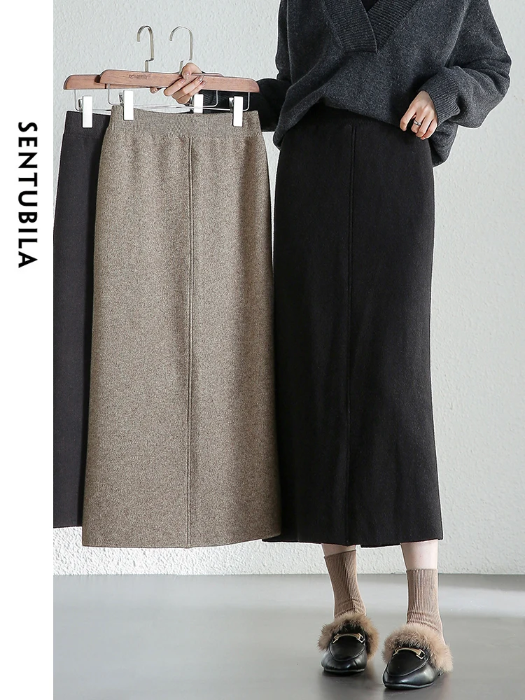 

SENTUBILA Slit-hem Straight Skirts for Women 2024 Winter Elastic High Waist Solid Knitted Basic Long Skirt Ladies W44Q56690