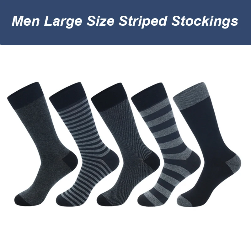 Men Large Size Fashion Business Sports Socks 1 Pairs High Quality Stripe Black Gray Comfortable Warm Cotton Socks Size EU 42-48