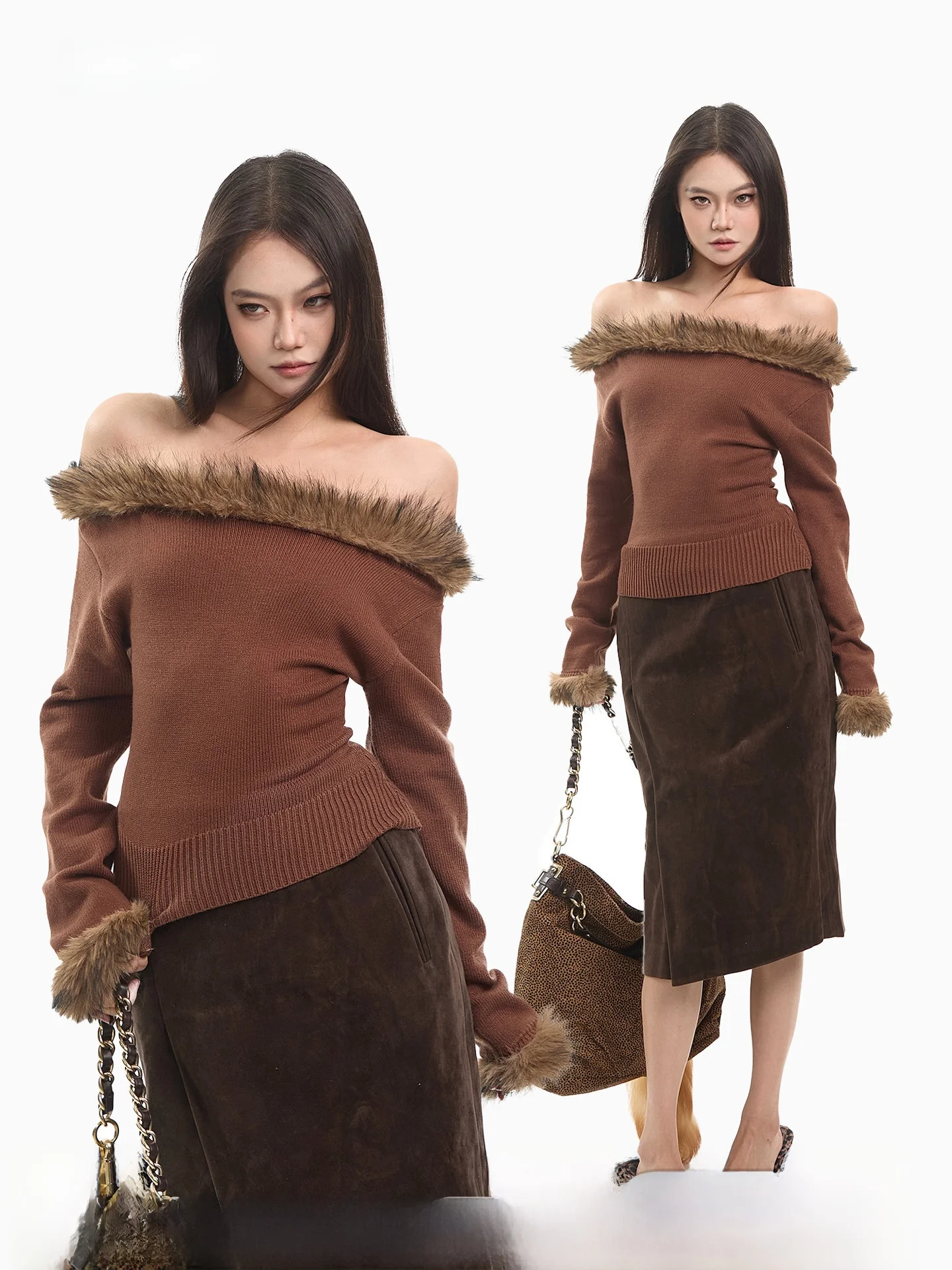 

Retro Brown Fur Collar One oulder Knitted Sweater Women's Slim Fit Top for Autumn Winter Faionable Online Exclusive