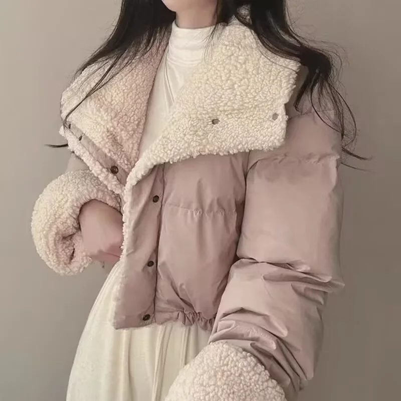 Korean Double-Sided Wear Lamb Fur Patchwork Down Cotton Jacket Women's Autumn Winter Fashion Short  Big Lapel Student Bread Coat