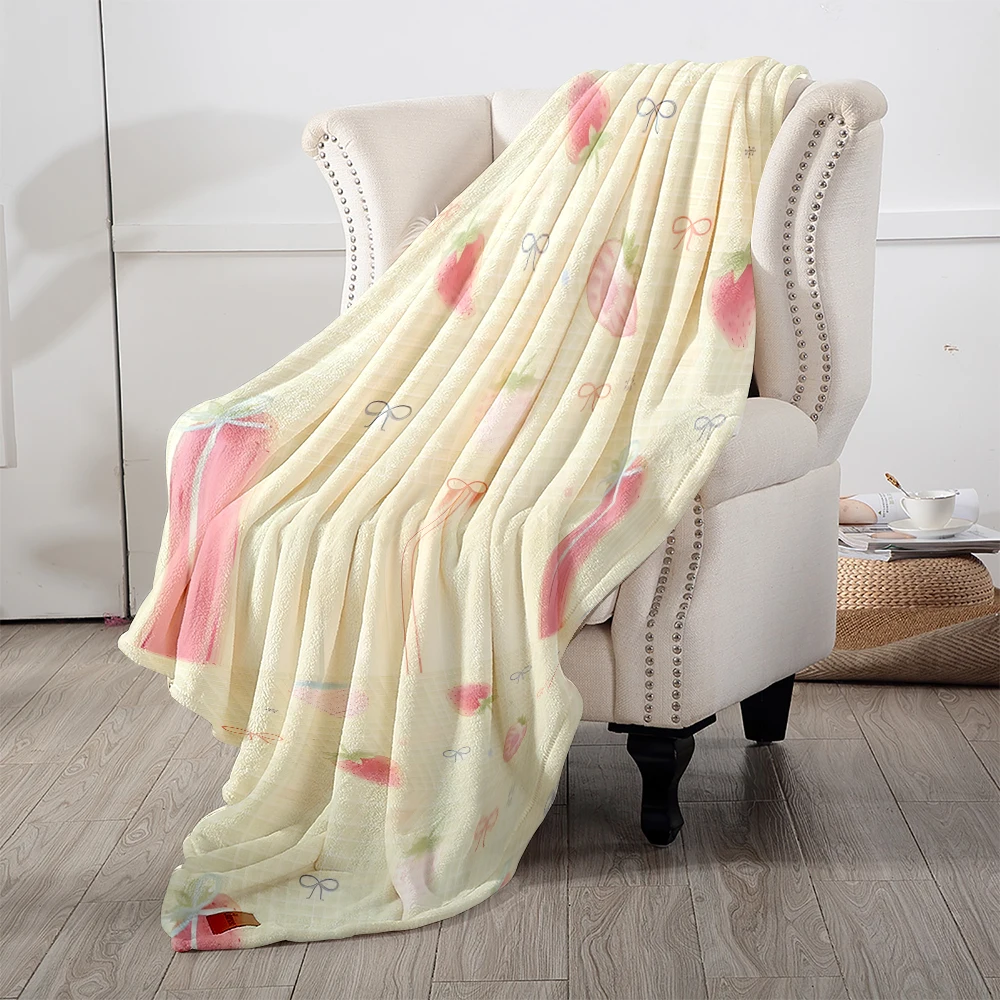 Strawberries Bows Cute Flannel Fleece Throw Blanket for Couch Sofa Lightweight Cozy Plush Blanket for Travel Office Nap