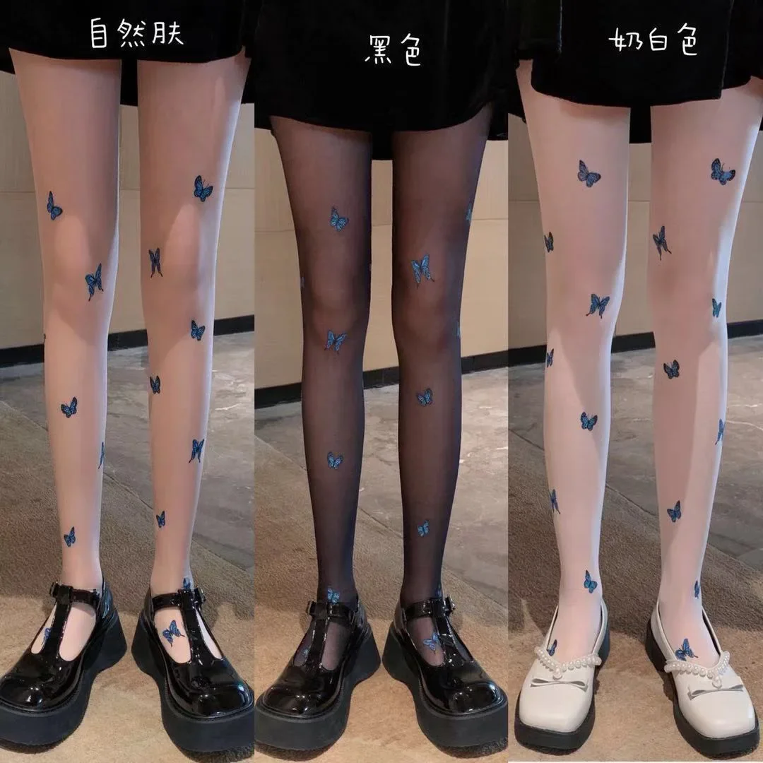 Bas en soie papillon bleu, chaussettes de dessin animé Lolita printemps été Loli Cosplay, legging moulant et Sexy
