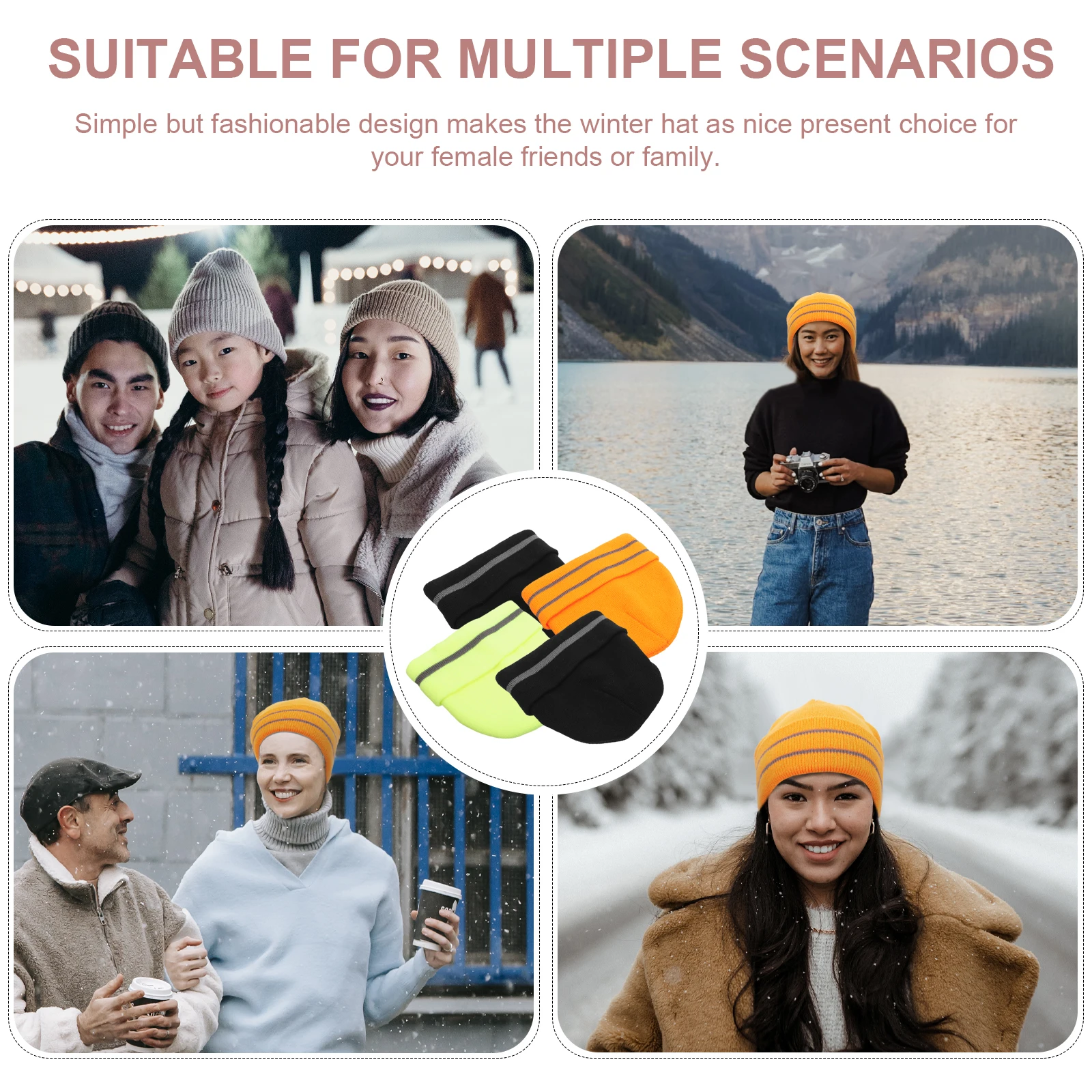 

4pcs Winter Knitted Hats Fluorescent Reflective Strip Warm Woolen Unisex Green Black Caps Beanies Stylish Comfortable