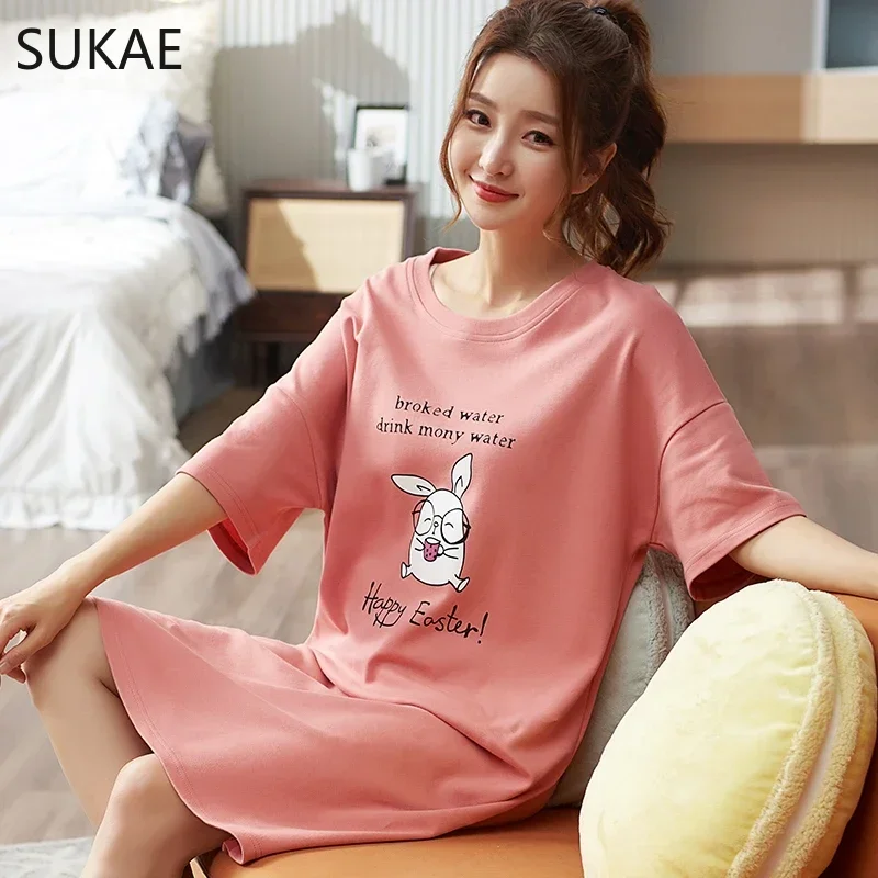 SUKAE Big Size Womens Nightgowns Summer Milk Silk Short Sleeves Sleepshirt L-5XL Woman Dress Leisure Lingerie O-neck Nightdress